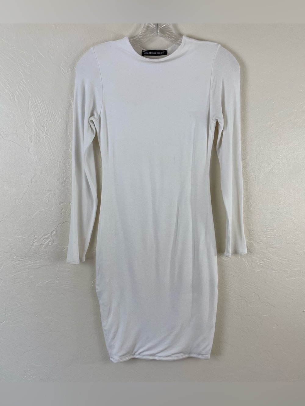 Naked Wardrobe Size Small Cream White High Neck Full Sleeve Body-con Mini Dress